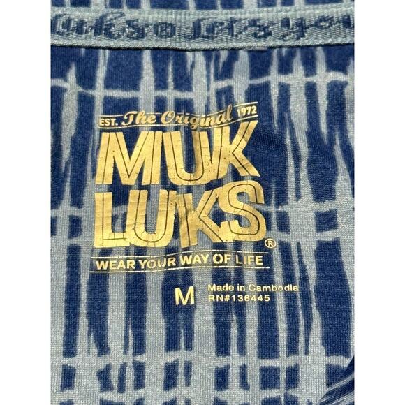 Muk Luks Women’s PJ Set Medium Blue White Ikat Print Short Sleeve Top & Shorts - Picture 2 of 12